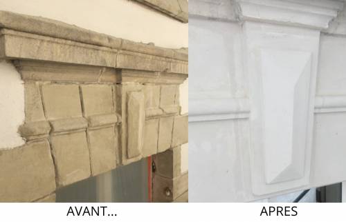 Contour de fenêtre extérieur en pierre AVANT - APRES travaux de ravalement de façade - Nantes 44